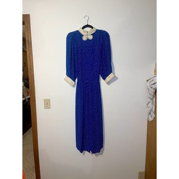 Vintage Blue Dress Polka Dots Peter Pan Collar Whimsical Rare Find - Picture 3 of 16
